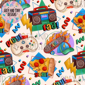 May include: A repeating pattern featuring a retro 80s and 90s theme. The design includes a boombox, pizza slice, skateboard, video game controller, lightning bolt, and the words "rad!", "play!", and "yum!". The background is a cream color with geometric shapes.