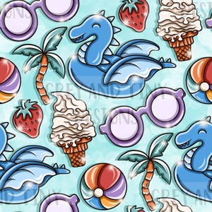 May include: A seamless pattern featuring a variety of summer-themed illustrations, including ice cream cones, beach balls, sunglasses, palm trees, and inflatable dragon floats. The background is a light blue watercolor wash.