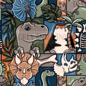 May include: A colorful seamless pattern featuring various dinosaurs, including a blue dinosaur with a frill, a green dinosaur with a long neck, a brown dinosaur with three horns, and a white dinosaur skeleton. The pattern also includes palm trees, a volcano, and green leaves.