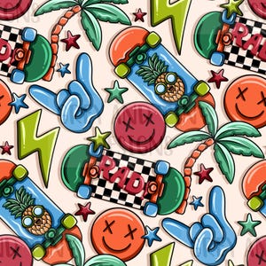 Op de afbeelding: Een naadloos patroon met verschillende kleurrijke en speelse elementen, waaronder skateboards, palmbomen, bliksemschichten, smiley-gezichten en handgebaren. De achtergrond is licht perzikkleurig.