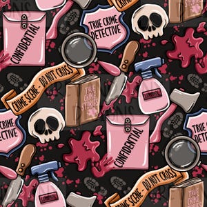 May include: A seamless pattern featuring a variety of true crime themed illustrations, including a magnifying glass, a book titled "True Crime Stories", a skull, a bloody knife, a pink envelope labelled "Confidential", a pink spray bottle labelled "Luminol", an axe, and crime scene tape that reads "Crime Scene - Do Not Cross".