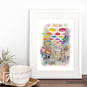 Stampa artistica ad acquerello di Dublin Umbrella Street: Kehoes Pub, Irlanda