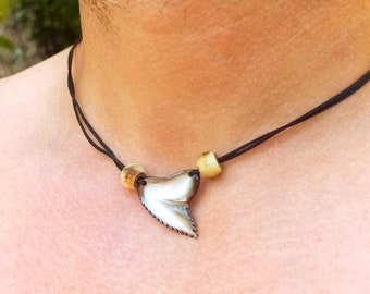 men's necklace, mother-of-pearl tooth, black choker, sliding knot