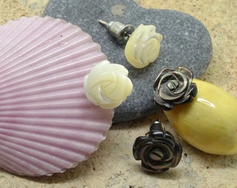 Chip earrings, pink flower, mother-of-pearl, in silver metal