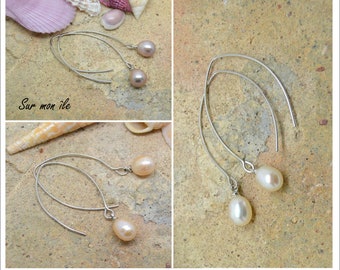 earrings, dangle, freshwater pearl, Pearl White, silver metal support, wedding