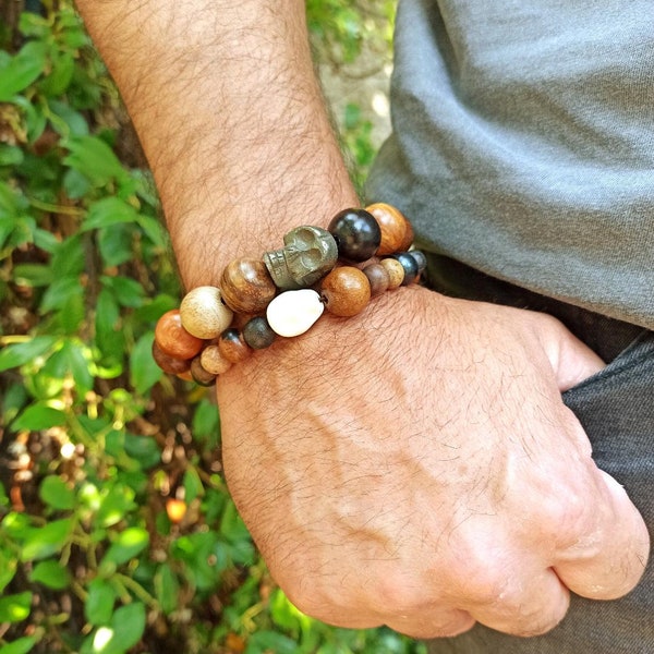 bracelet, perles en bois, marron naturel, fil élastique