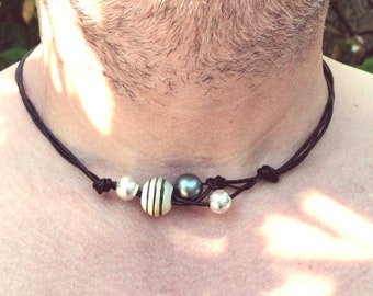 men's necklace, silver and Tahitian pearl, mother-of-pearl, black choker