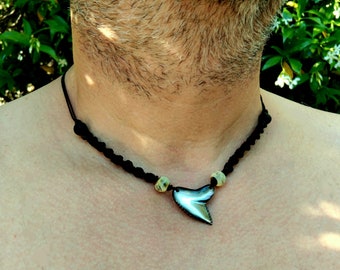 men's necklace, shark tooth, mother-of-pearl, black choker