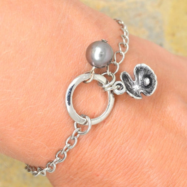bracelet femme, perle de Tahiti, huitre perlière, en métal argenté