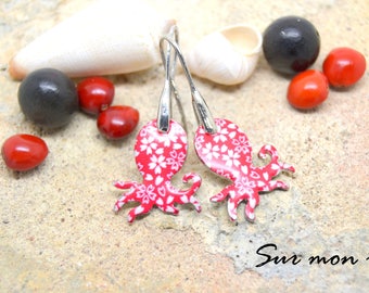 Earrings, Octopus, flower printed pattern, floral, silver metal hooks