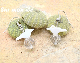 Earrings, bird mother of Pearl, silver metal, Crystal, white and grey Pearl