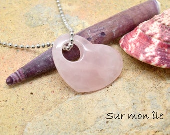 Women's necklace, rose quartz heart, 50cm chain, silver metal, semi-precious stone