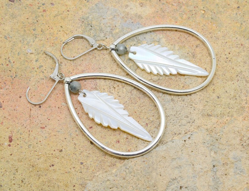earrings, drop of water, mother-of-pearl sheet, silver metal image 2
