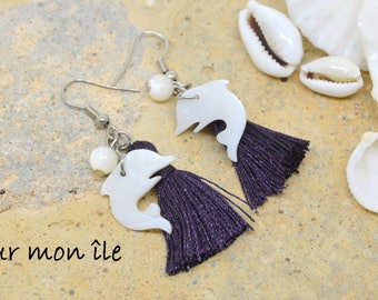 Dolphin, white mother of Pearl, purple, silver metal tassel earrings