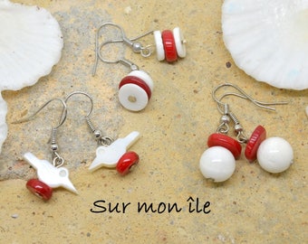 set of 3 pairs, earrings, red coral, white mother-of-pearl, silver metal