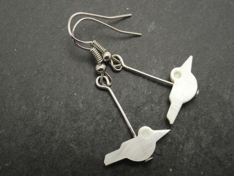 earrings, bird mother of Pearl, silver metal image 2