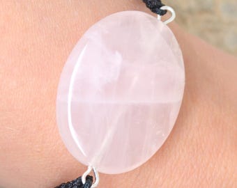 bracelet femme, quartz rose, pierre semi précieuse, nylon noir tressé, métal argenté, noeuds coulissants