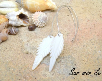 dangling earrings, Pearl, silver feather