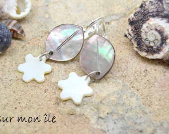 earrings, sleepers, mother-of-pearl leaf and flower, in silver-plated metal