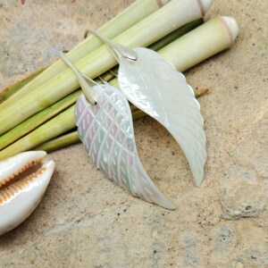 Peut inclure: Une paire de boucles d'oreilles en forme d'ailes en coquille nacrée blanche. Les boucles d'oreilles sont suspendues à un fond vert.