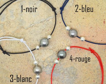bracelet, perle de Tahiti, perles en argent 925, fil élastique noir blanc rouge ou bleu, noeuds coulissants