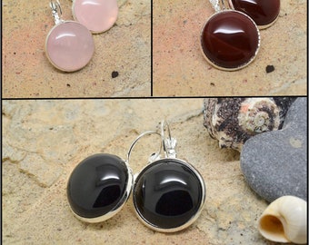 earrings, sleeper, agate, onyx, red or pink black, cabochon dome, silver metal holders