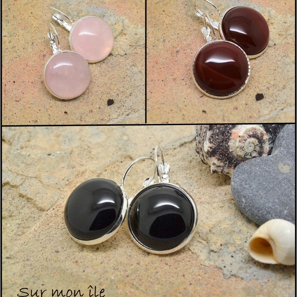 boucles d'oreilles, dormeuse, agate,  onyx, noir rouge ou rose, cabochon dome, supports en métal argenté