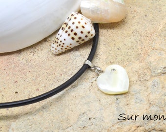 women necklace, heart mother of Pearl with Rhinestones, black leather cord, silver clasp