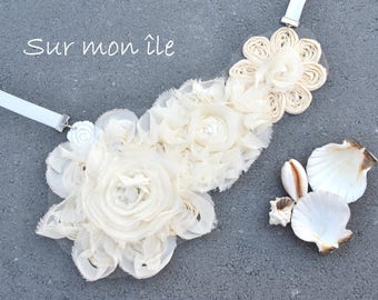 collier, ras de cou, blanc ivoire, perle d'eau douce, fleur en nacre, dentelle mousseline, pour mariage ou cérémonie