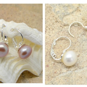 earrings, sleeper, freshwater pearls, white or pink, mother-of-pearl, silver metal supports, wedding