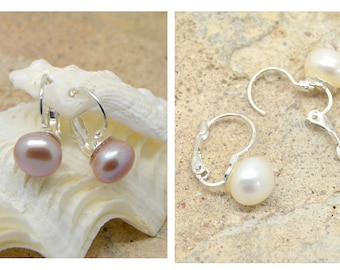 earrings, sleeper, freshwater pearls, white or pink, mother-of-pearl, silver metal supports, wedding