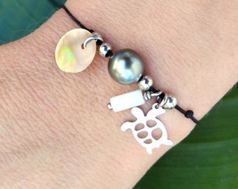 bracelet, mother-of-pearl and Tahitian pearl, sliding knots