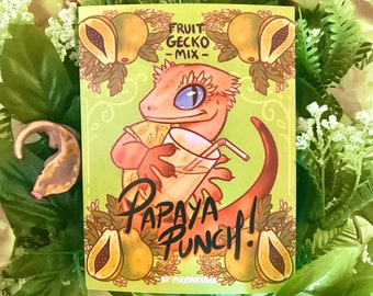 Print - Papaya Punch! LIZARD LUNCHBOX mini poster, Crested gecko