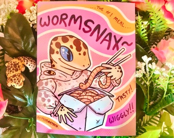 Print - Wormsnax! LIZARD LUNCHBOX mini poster, Leopard gecko