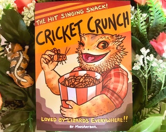 Print - Cricket Crunch! LIZARD LUNCHBOX mini poster, Bearded dragon