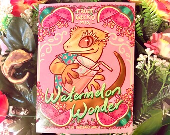 Print - Watermelon Wonder! LIZARD LUNCHBOX mini poster, Crested gecko diet