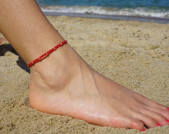 Red Macrame Ankle Bracelet, Beaded String Ankle Bracelet, Sterling Silver Anklet, Gold Bead Anklet, String Ankle Bracelet, Adjustable Anklet