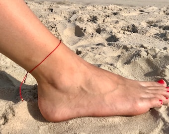 Red String Ankle Bracelet with Single Bead, Red Anklet with One Bead, Thin Red Anklet, Red String of Fate, Protection, Thin Good Luck Anklet