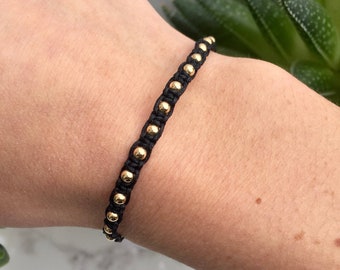3mm Gold Beaded Macrame Bracelet, Black String Bracelet, Gold Beaded Bracelet, Adjustable String Bracelet, 14kt Gold Fill Bead Bracelet