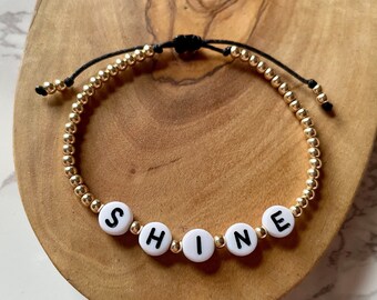 Inspirational Bracelet, 14kt Gold Fill Beads, Gold Bead Bracelet, Shine Bracelet, Custom Beaded Bracelet, Confidence Mantra, Power Word