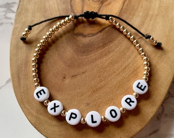 Custom Gold Beaded Quote Bracelet, Yoga Bracelet, Self Discovery Bracelet, Meditation Bracelet, Personalized Inspirational Mantra Bracelet