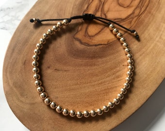 4mm Gold Bead Bracelet, 14kt Gold Filled Bead Bracelet, Black String Beaded Bracelet, Stackable Gold Bracelet, Adjustable Gold Bead Bracelet
