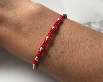 4mm Gold Beaded Red Macrame Bracelet, Red String of Fate, Red Protection Bracelet, Gold Beaded String Bracelet, Red Gold Beaded Macrame