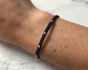 3mm Gold Beaded Macrame Bracelet, Gold Beaded Black String Bracelet, Adjustable Macrame Bracelet, 14kt Gold Filled Beads, Gold Bead Bracelet