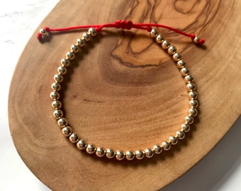 4mm Gold Bead Red Bracelet, Red String Bracelet with Gold Beads, Red String of Fate, Red Protection Bracelet, Adjustable Red String Bracelet