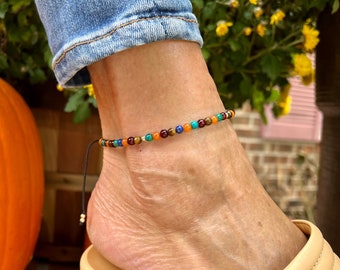 Boho Autumnal Beaded Anklet, Gemstone Ankle Bracelet, Autumn Colored Anklet, Gemstone Beaded Anklet, Fall Colored Anklet, Adjustable Anklet