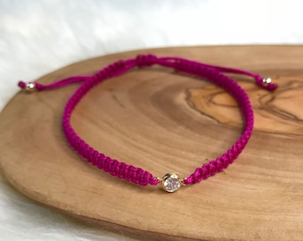 Rosa makraméarmband, kubisk zirkoniaarmband, justerbart armband, rosa strängarmband, CZ-berlockarmband, fuchsiarosa, brudtärnepresent