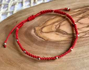 3mm Red Macrame Bracelet, Red Beaded String Bracelet, Red String of Fate, Red Protection Bracelet, Gold Bead Bracelet, Red Knotted Bracelet