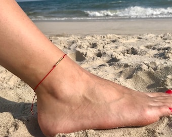 Thin Red String Anklet, Thin Red Beaded Anklet, Thin Red Ankle Bracelet, Dainty Red Anklet, Thin Ankle Bracelet, Adjustable Ankle Bracelet