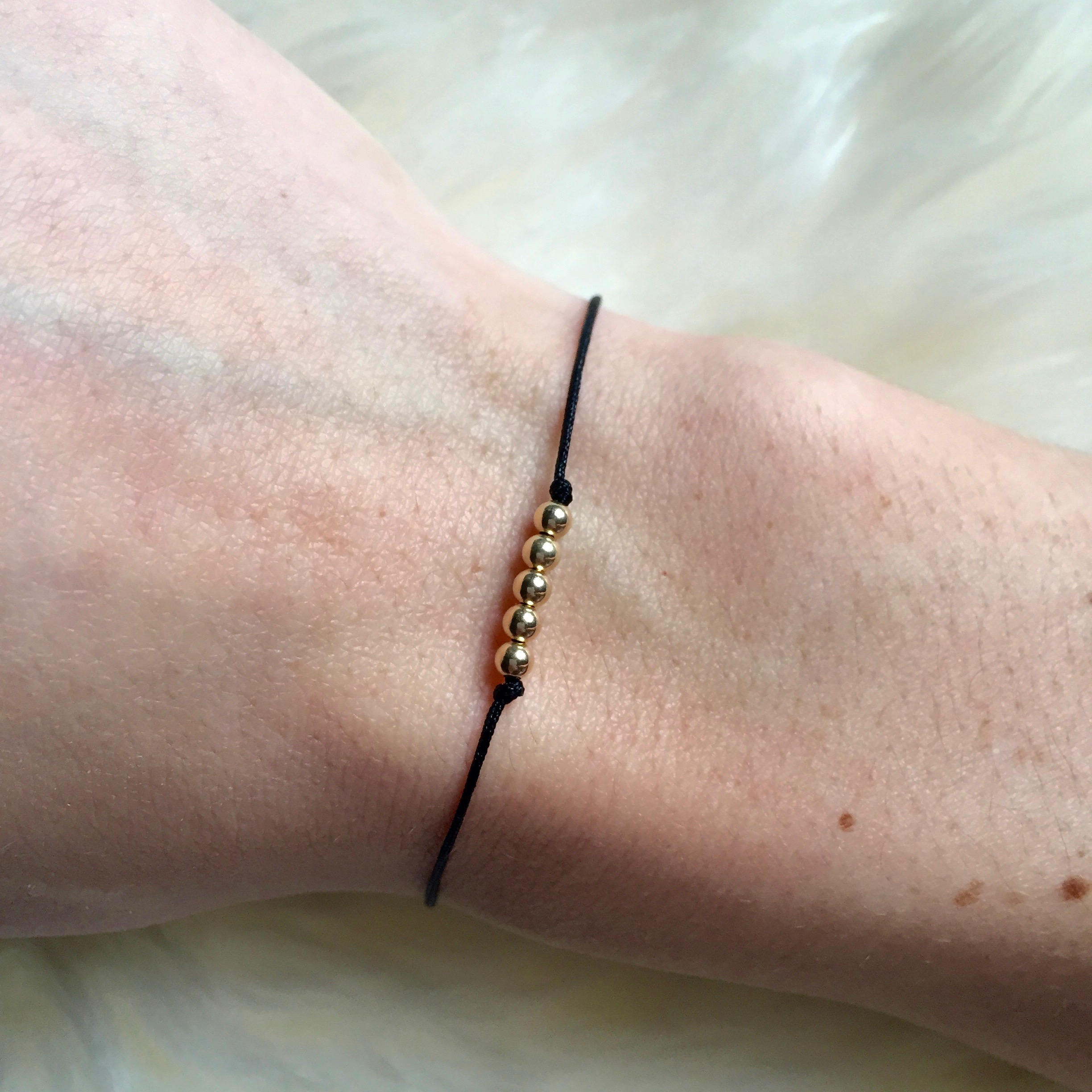 Black String Bracelet Thin Black Bracelet Gold Beaded Black Etsy